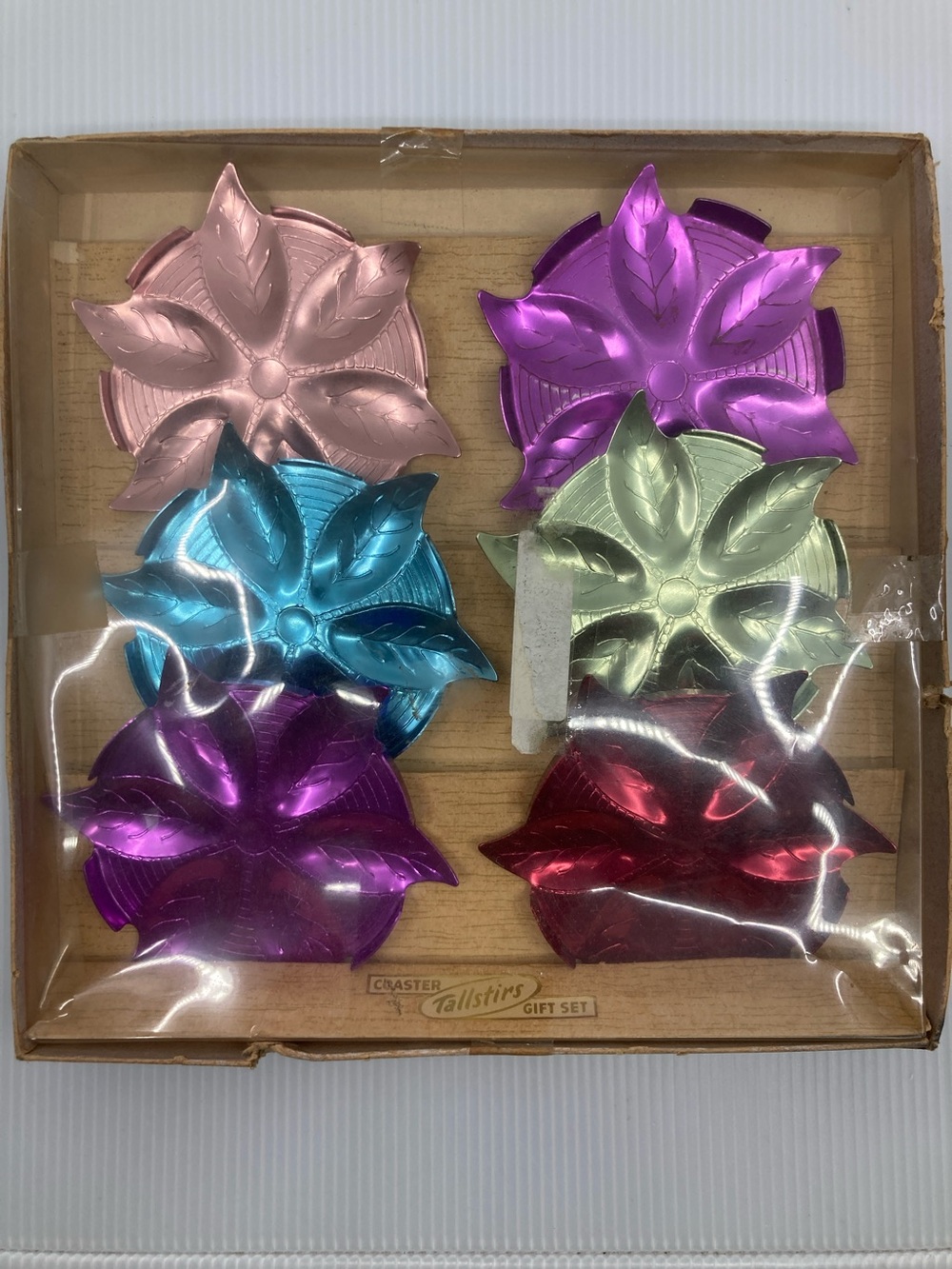 VTG MCM Tallstirs Anodized Aluminum Flower Coasters - Set of 7